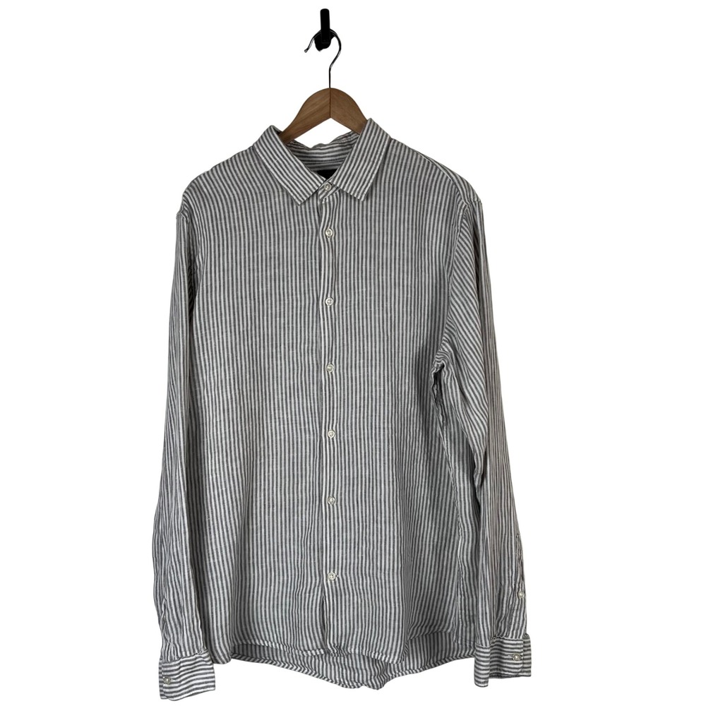 Gap Mens Grey White Striped 100% Linen Long Sleeve Button Down Shirt Large
